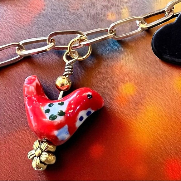 Charming Gold Toned Heart Necklace with Colorful Charms Ceramic Wood Enamel - Picture 8 of 14